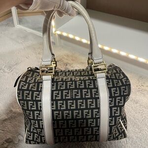 Fendi Monogram Mini Boston in Black and White with Gold Hardware